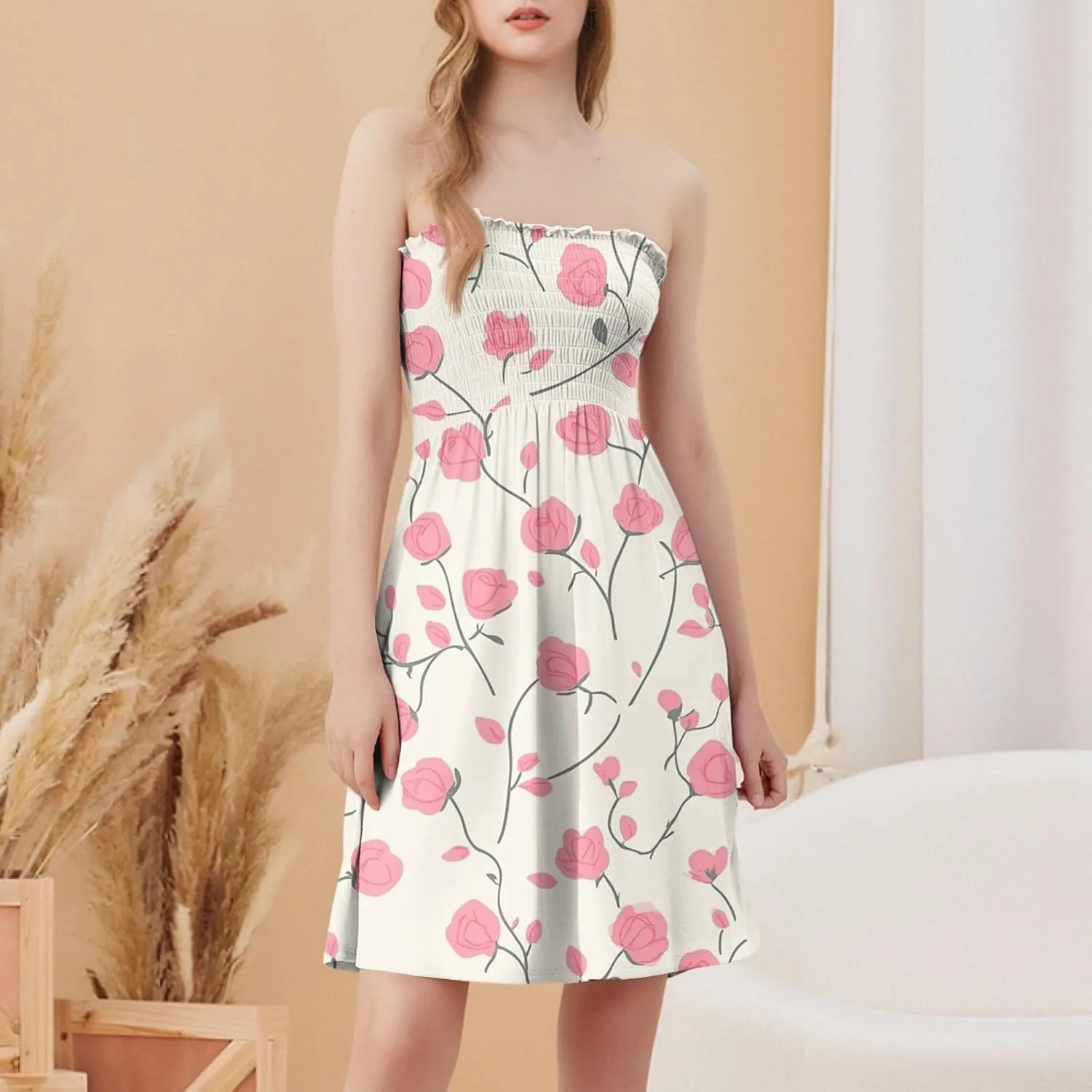 Women's Summer Dresses Strapless Boho Floral Mini Dress Casual Beach Cover Ups Tube Tops Sundress