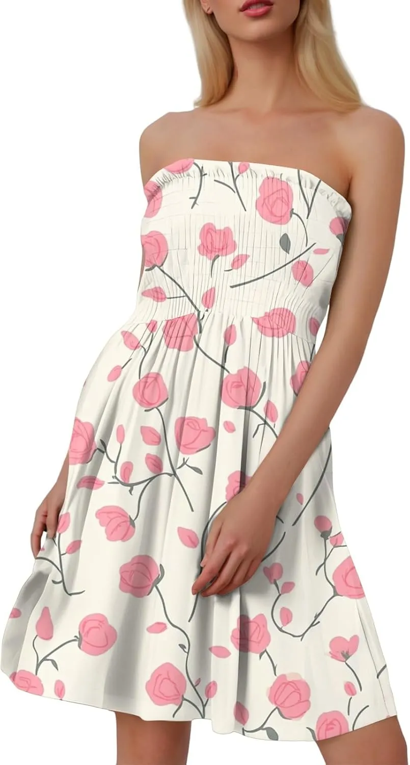 Women's Summer Dresses Strapless Boho Floral Mini Dress Casual Beach Cover Ups Tube Tops Sundress