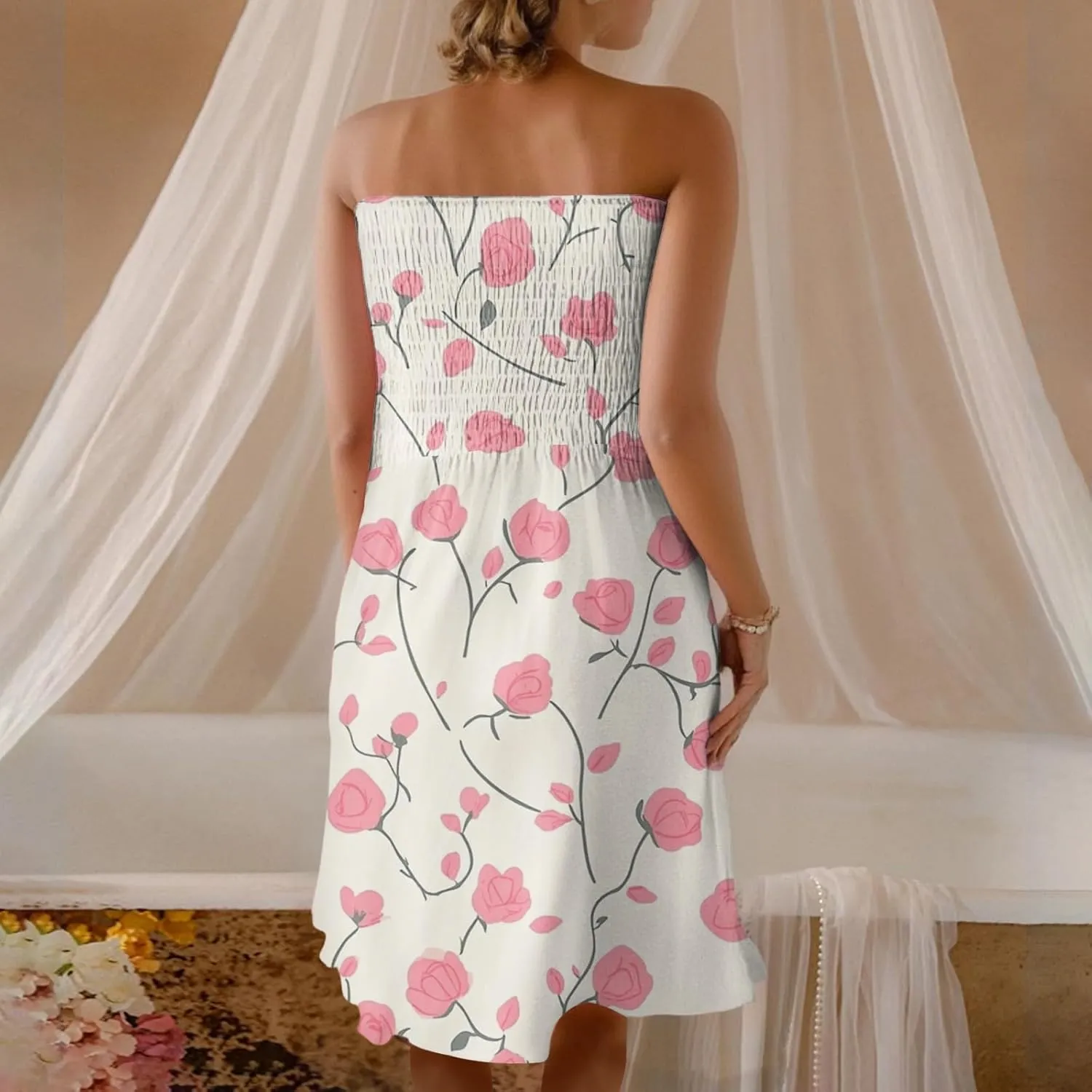 Women's Summer Dresses Strapless Boho Floral Mini Dress Casual Beach Cover Ups Tube Tops Sundress