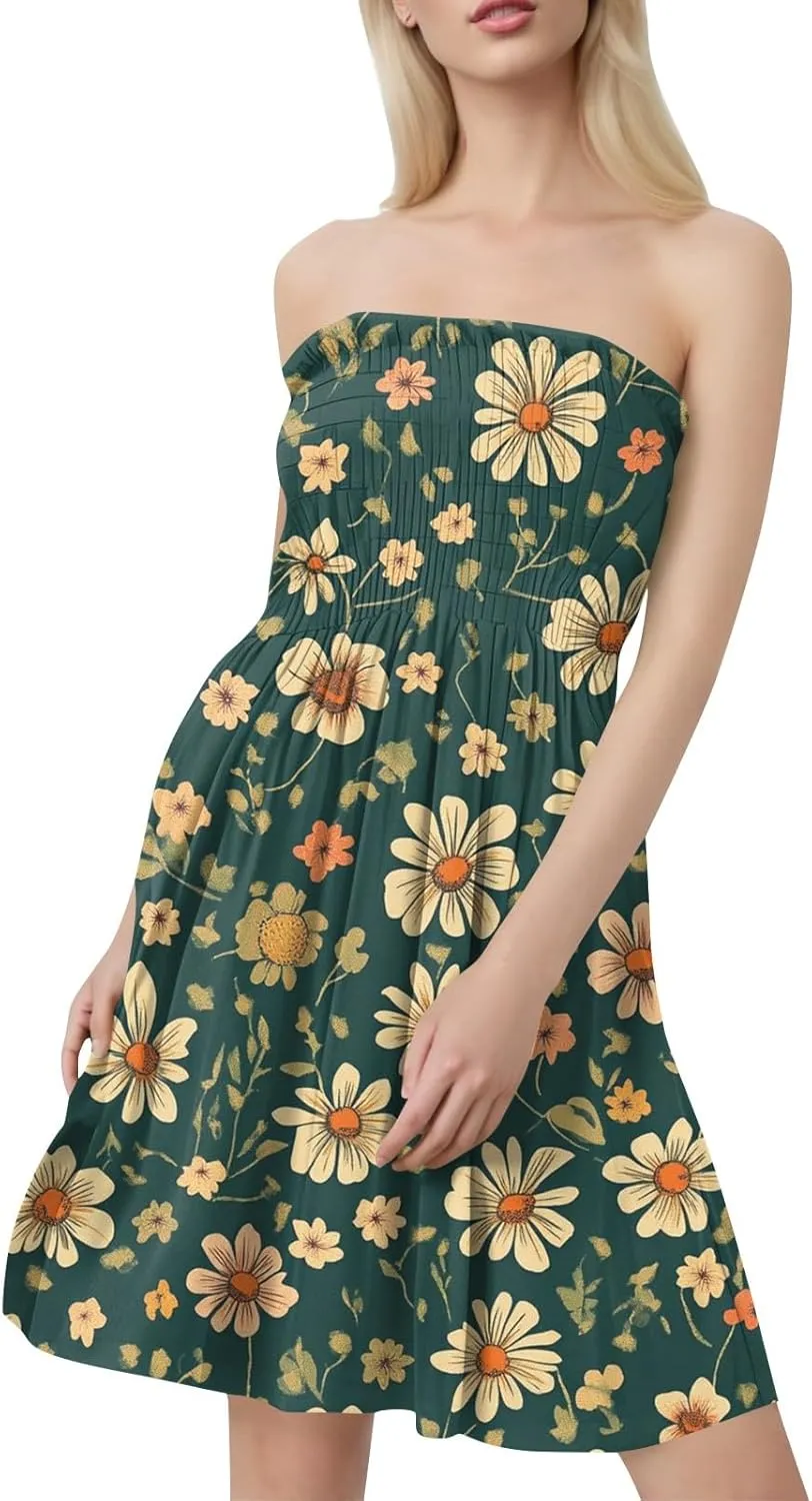 Womens Summer Dresses Strapless Boho Floral Mini Dress Casual Beach Cover Ups Tube Tops Sundress