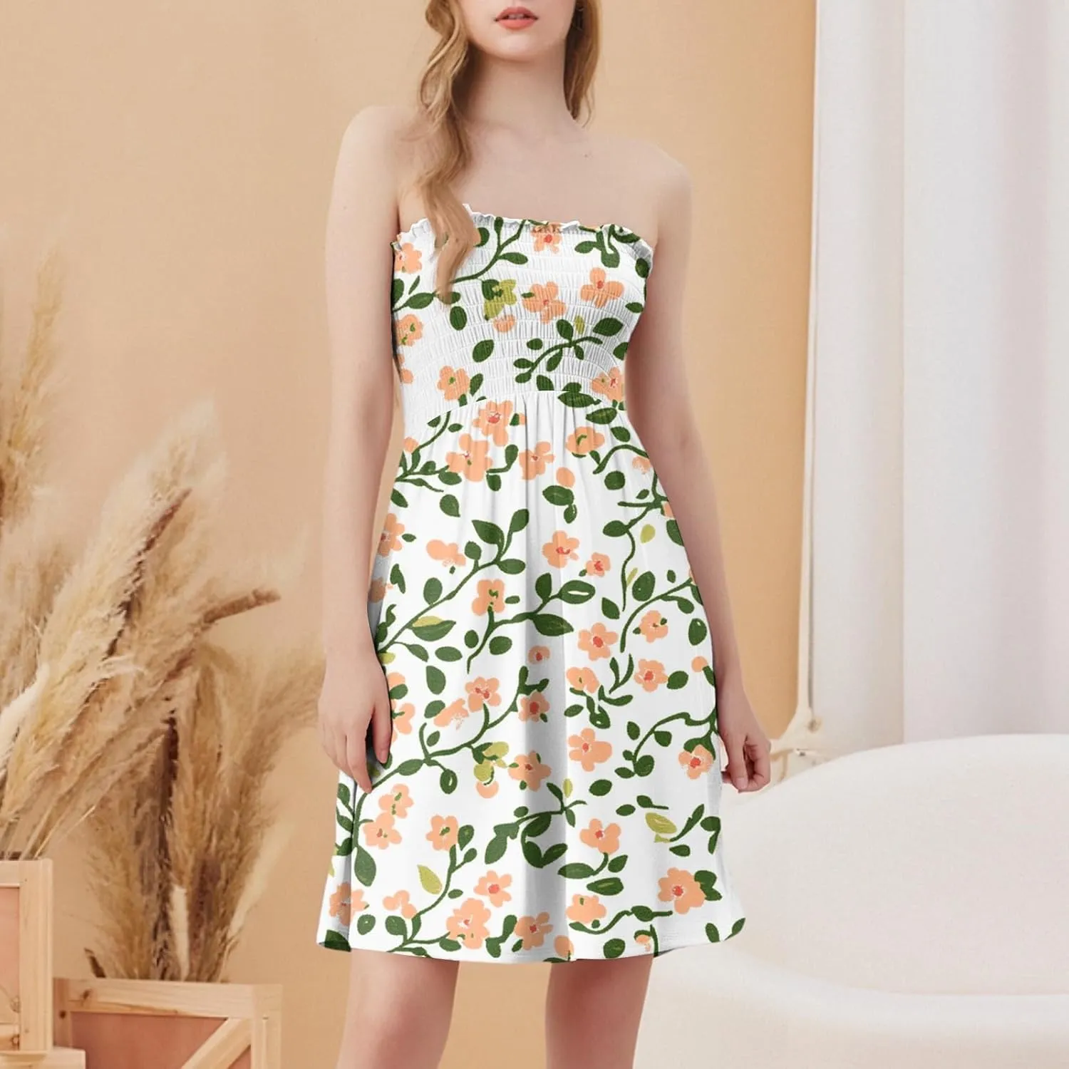 Women's Summer Dresses Strapless Boho Floral Mini Dress Casual Beach Cover Ups Tube Tops Sundress