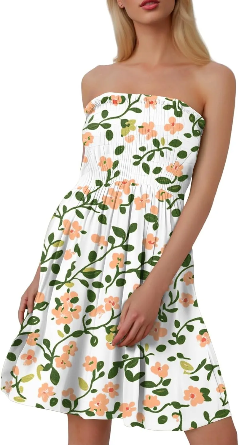 Women's Summer Dresses Strapless Boho Floral Mini Dress Casual Beach Cover Ups Tube Tops Sundress