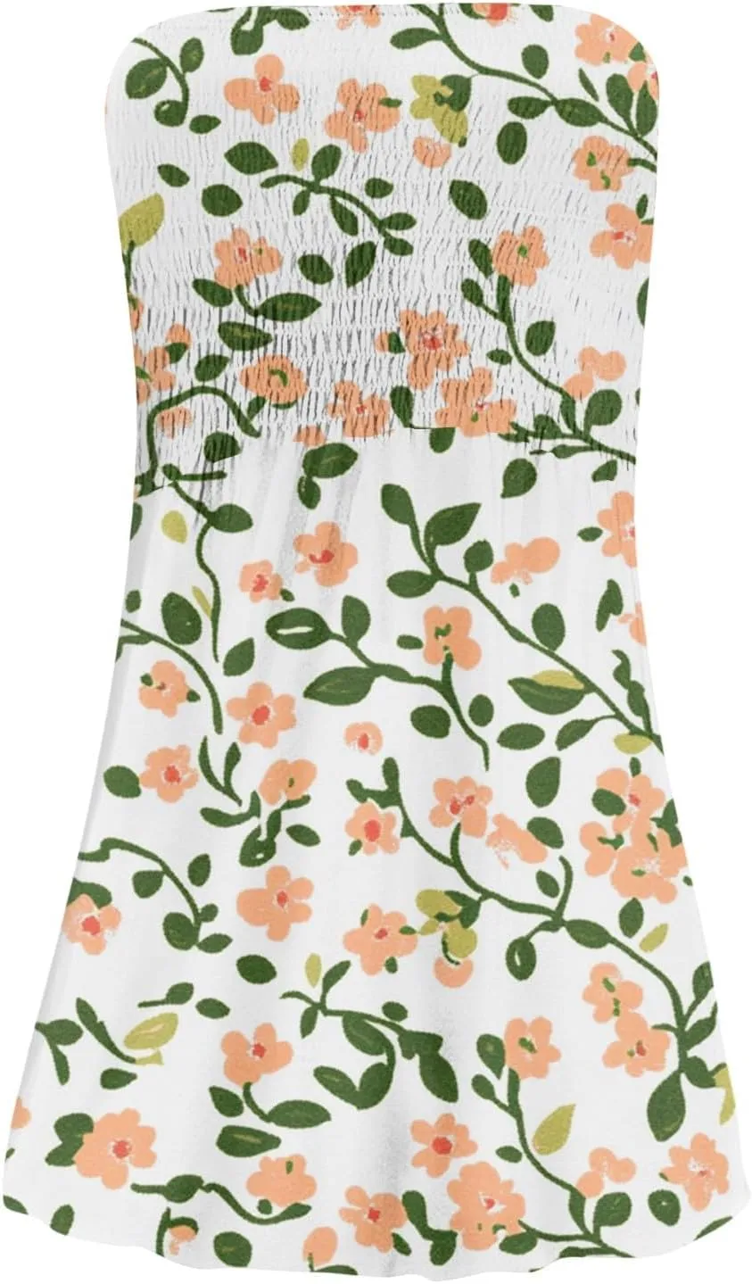 Women's Summer Dresses Strapless Boho Floral Mini Dress Casual Beach Cover Ups Tube Tops Sundress