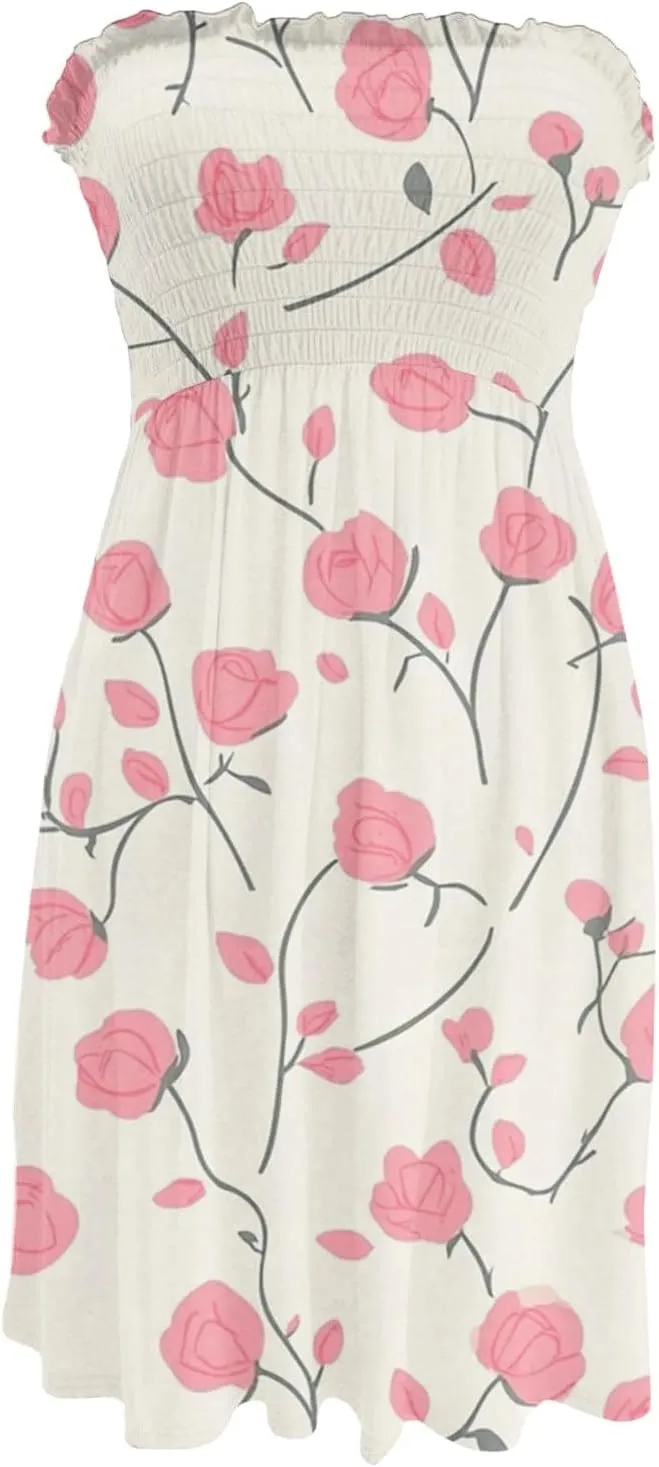 Women's Summer Dresses Strapless Boho Floral Mini Dress Casual Beach Cover Ups Tube Tops Sundress