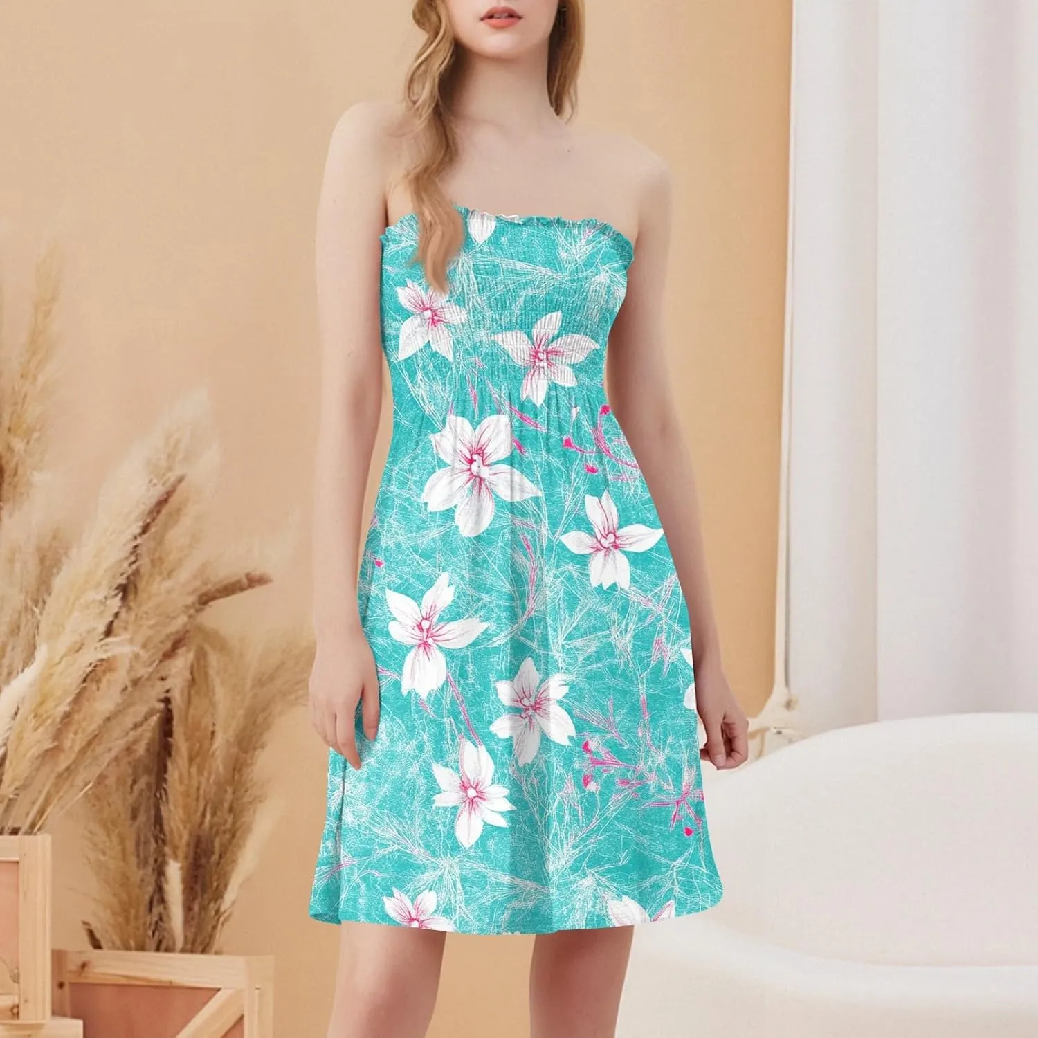 Womens Summer Dresses Strapless Boho Floral Mini Dress Casual Beach Cover Ups Tube Tops Sundress