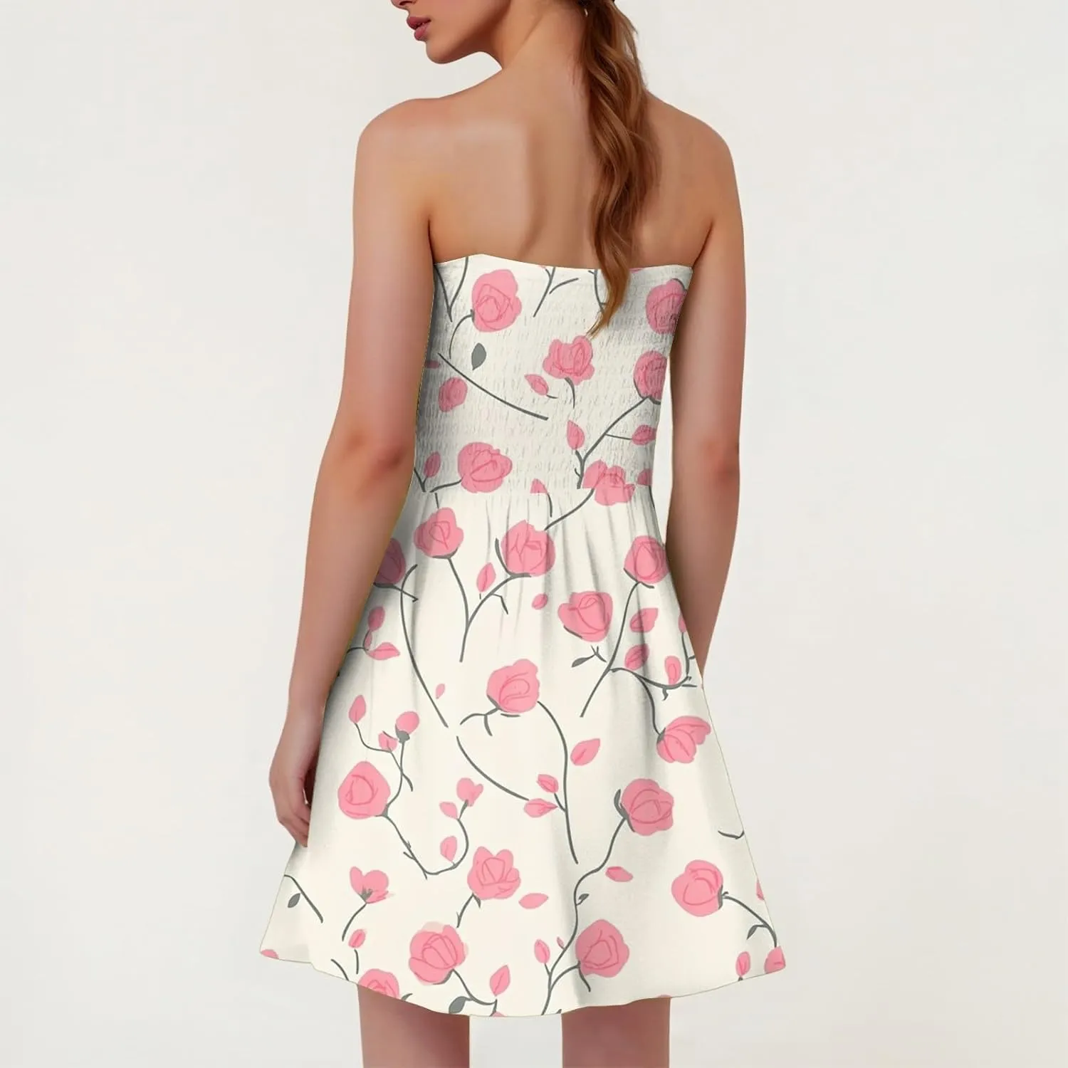 Women's Summer Dresses Strapless Boho Floral Mini Dress Casual Beach Cover Ups Tube Tops Sundress