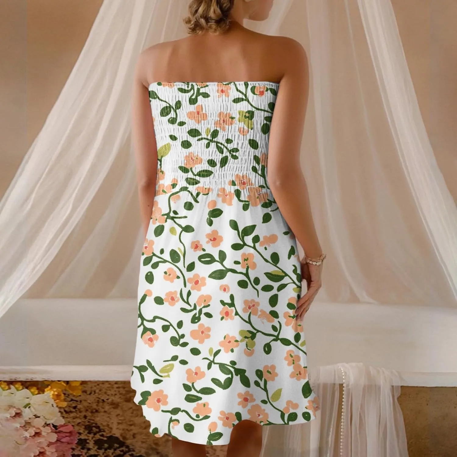 Women's Summer Dresses Strapless Boho Floral Mini Dress Casual Beach Cover Ups Tube Tops Sundress