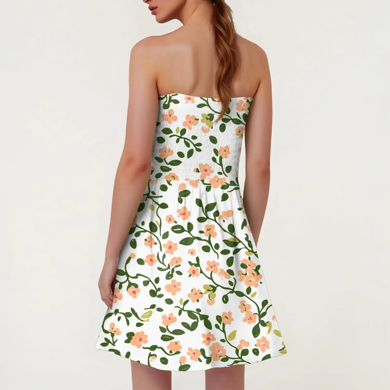 Women's Summer Dresses Strapless Boho Floral Mini Dress Casual Beach Cover Ups Tube Tops Sundress