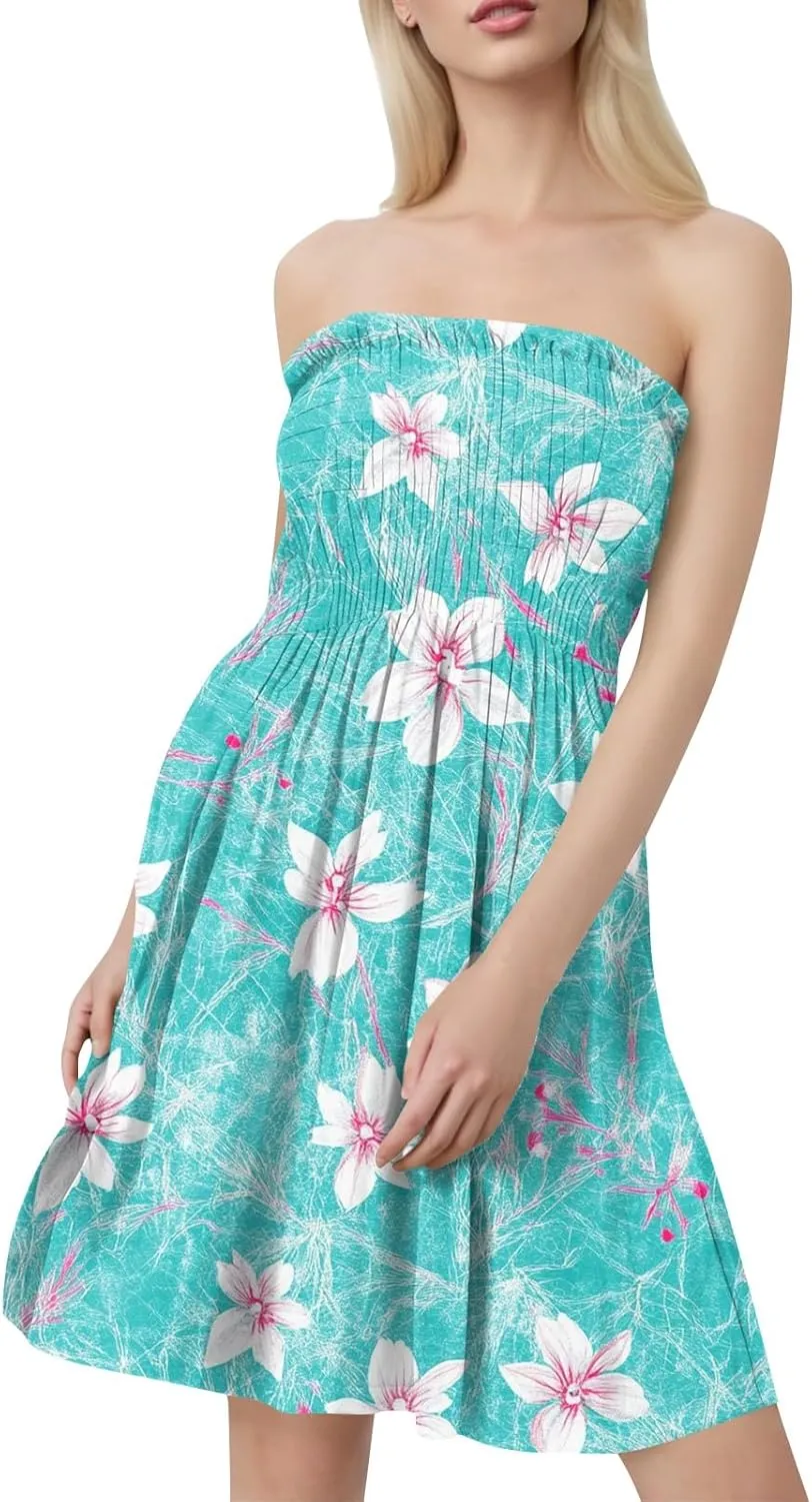 Womens Summer Dresses Strapless Boho Floral Mini Dress Casual Beach Cover Ups Tube Tops Sundress