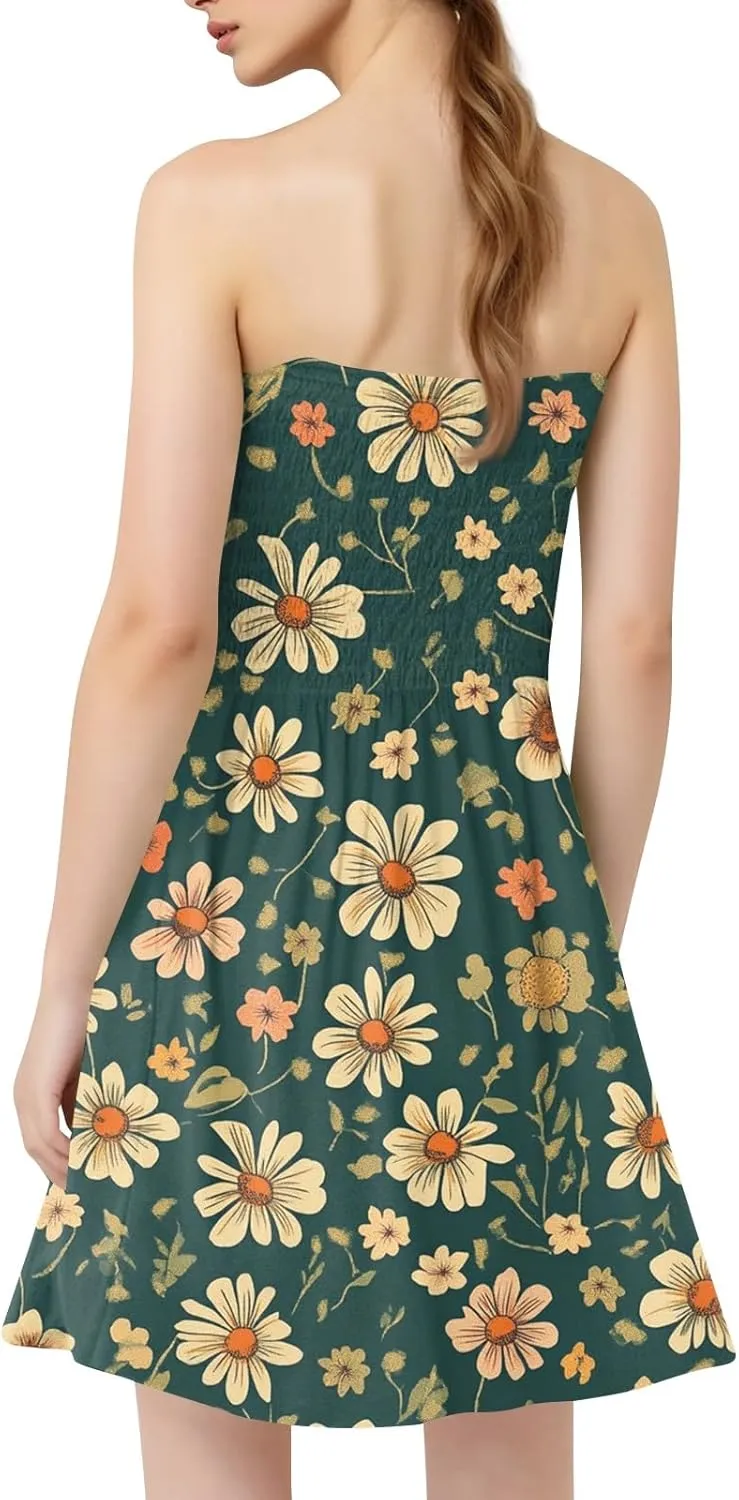 Womens Summer Dresses Strapless Boho Floral Mini Dress Casual Beach Cover Ups Tube Tops Sundress