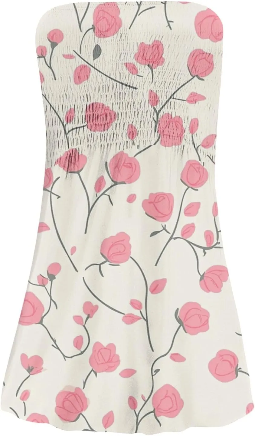 Women's Summer Dresses Strapless Boho Floral Mini Dress Casual Beach Cover Ups Tube Tops Sundress