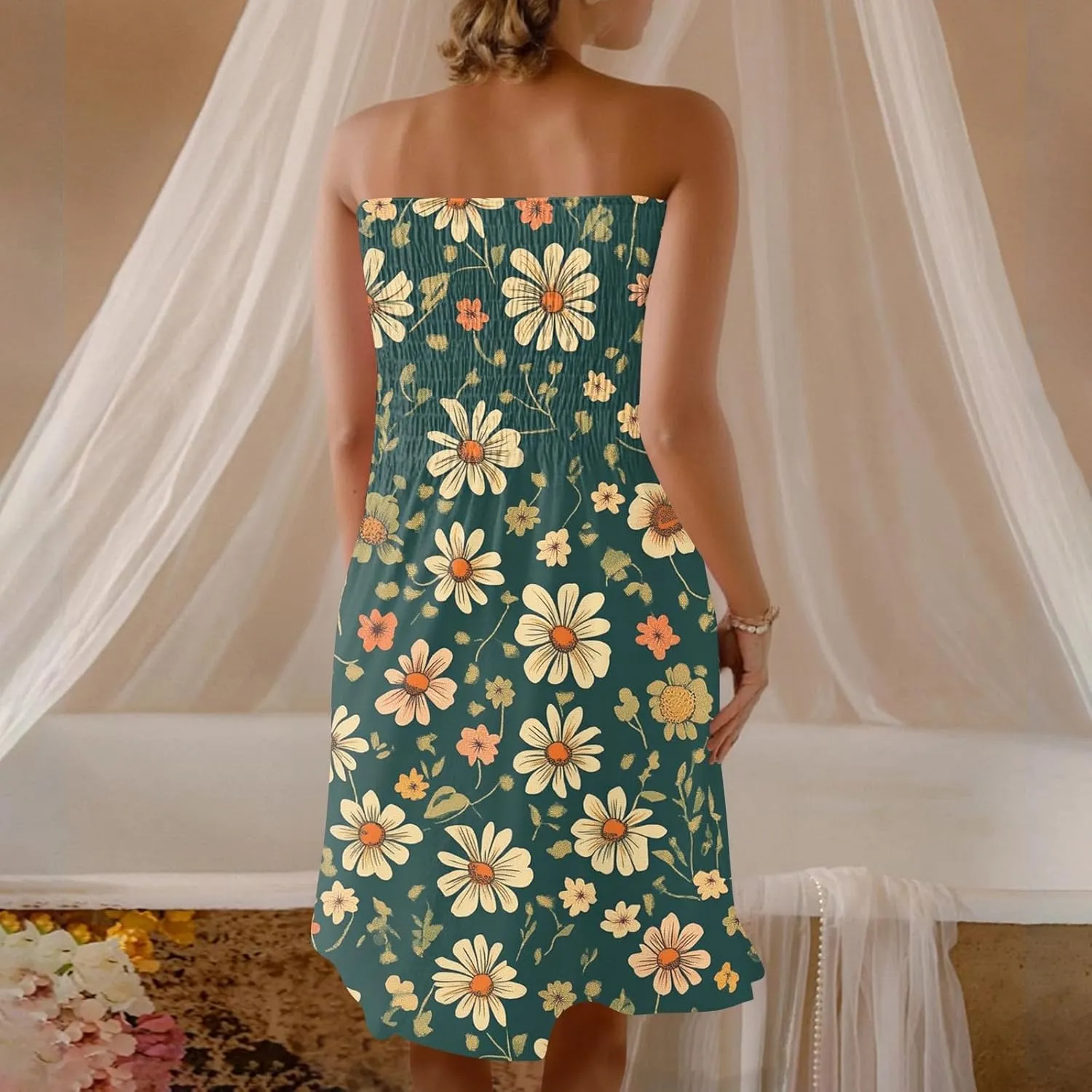 Womens Summer Dresses Strapless Boho Floral Mini Dress Casual Beach Cover Ups Tube Tops Sundress