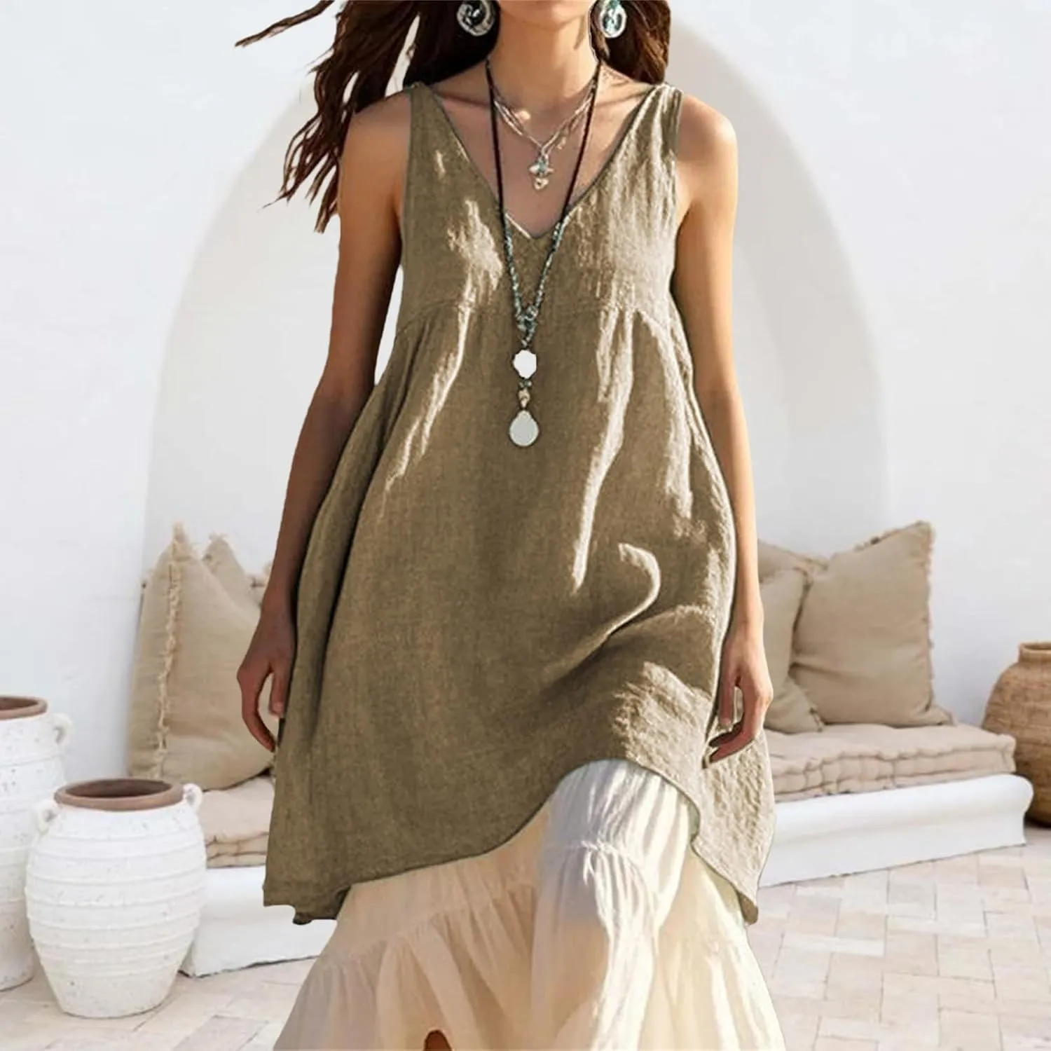 Women's Summer Sleeveless Mini Dress V Neck Linen Cami Loose Swing Flowy Sundress Casual Beach Coverup Vacation Dress