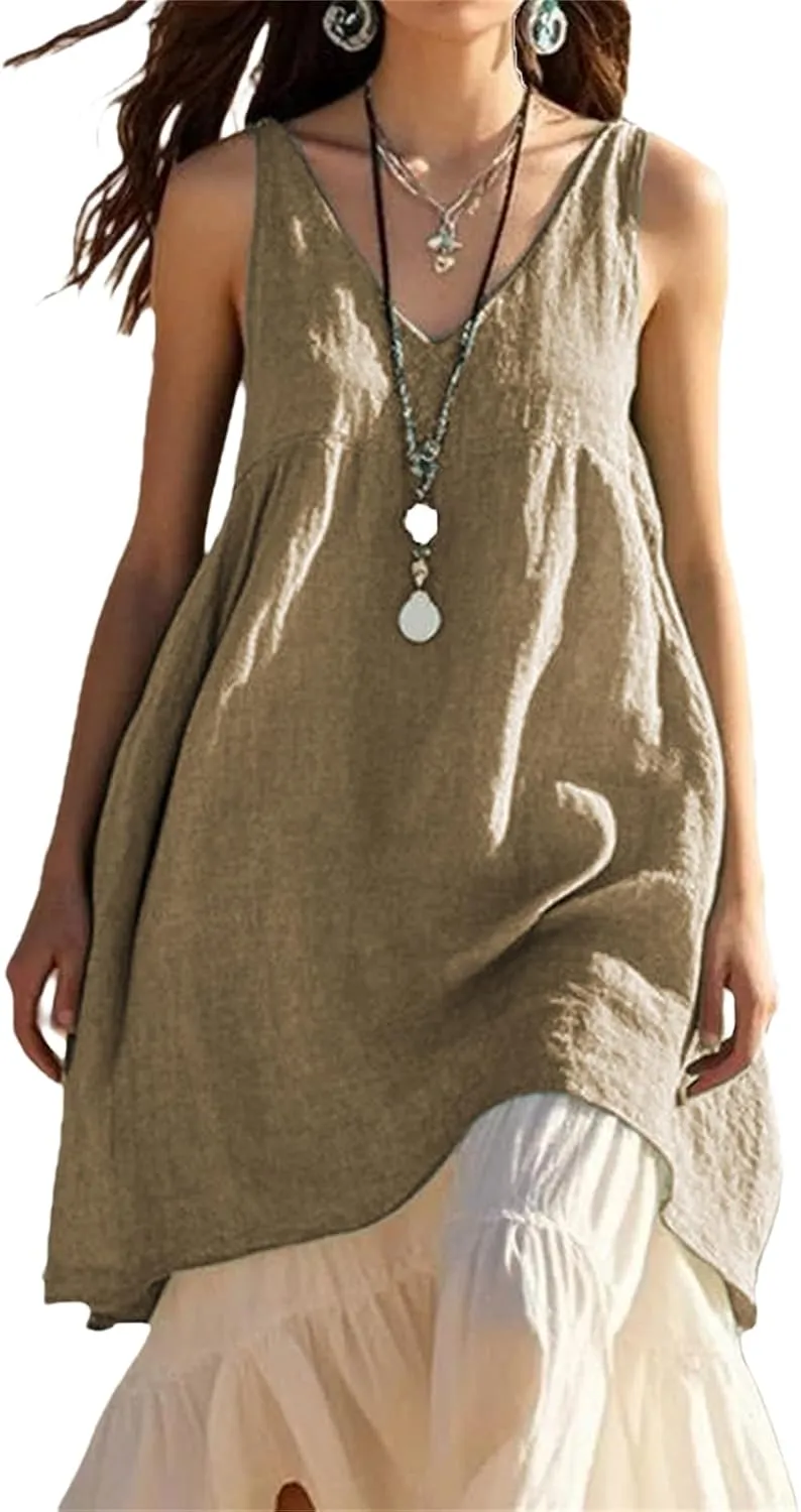 Women's Summer Sleeveless Mini Dress V Neck Linen Cami Loose Swing Flowy Sundress Casual Beach Coverup Vacation Dress