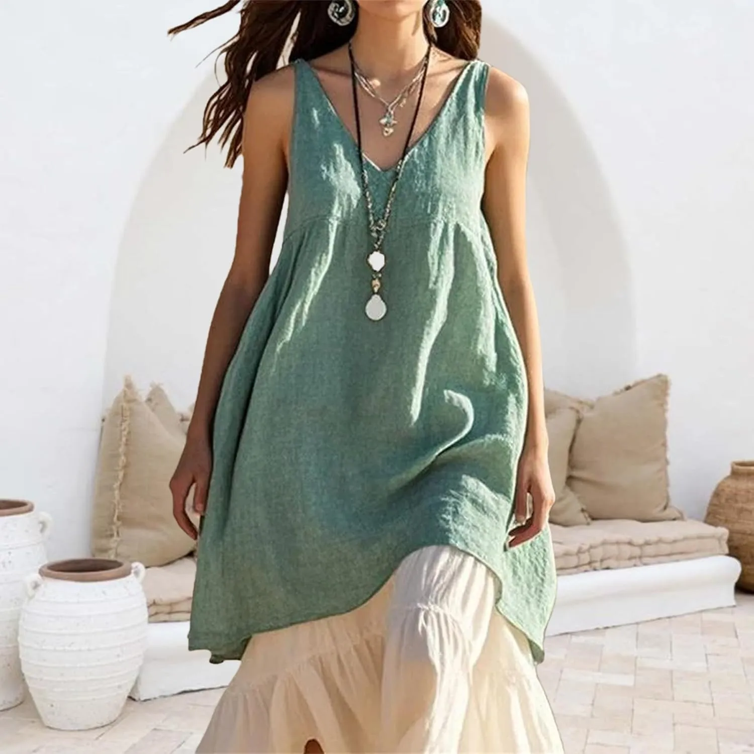 Women's Summer Sleeveless Mini Dress V Neck Linen Cami Loose Swing Flowy Sundress Casual Beach Coverup Vacation Dress