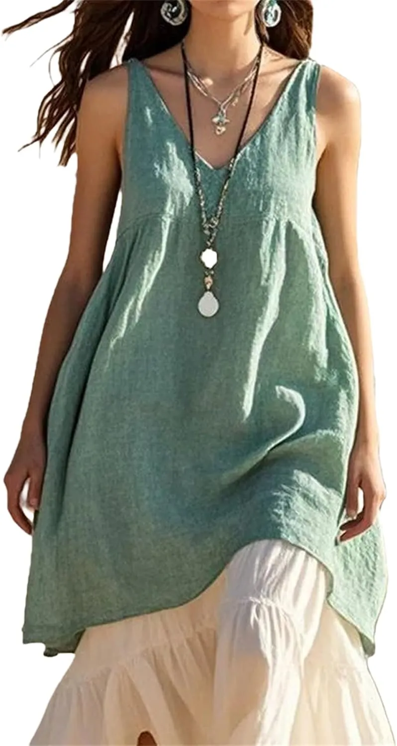 Women's Summer Sleeveless Mini Dress V Neck Linen Cami Loose Swing Flowy Sundress Casual Beach Coverup Vacation Dress