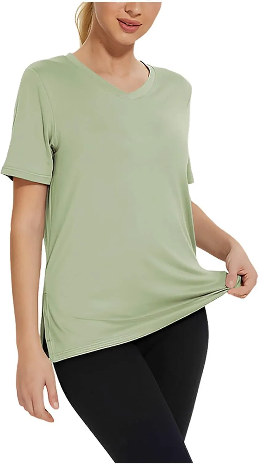 Women's V Neck Short Sleeve Blouse Casual Loose Stretch Side Split Pullover 2025 Summer Quick Dry Comfort Shirt Top