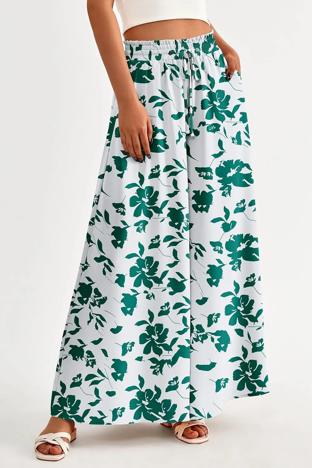 Women's Wide Leg Pants Casual Summer Boho Flowy Palazzo Pants Trendy Comfortable Drawstring Elastic Waist Trousers