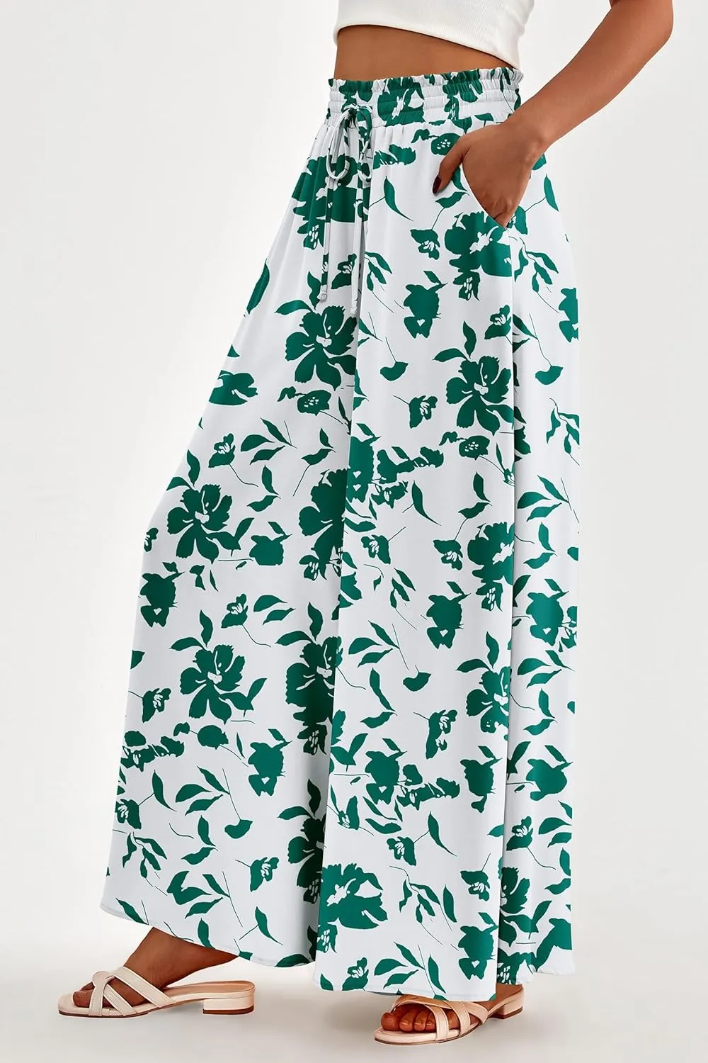 Women's Wide Leg Pants Casual Summer Boho Flowy Palazzo Pants Trendy Comfortable Drawstring Elastic Waist Trousers