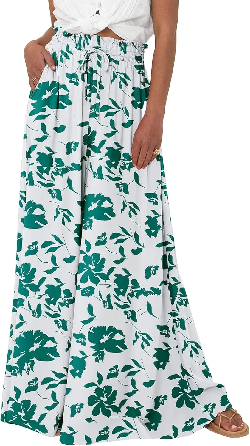 Women's Wide Leg Pants Casual Summer Boho Flowy Palazzo Pants Trendy Comfortable Drawstring Elastic Waist Trousers