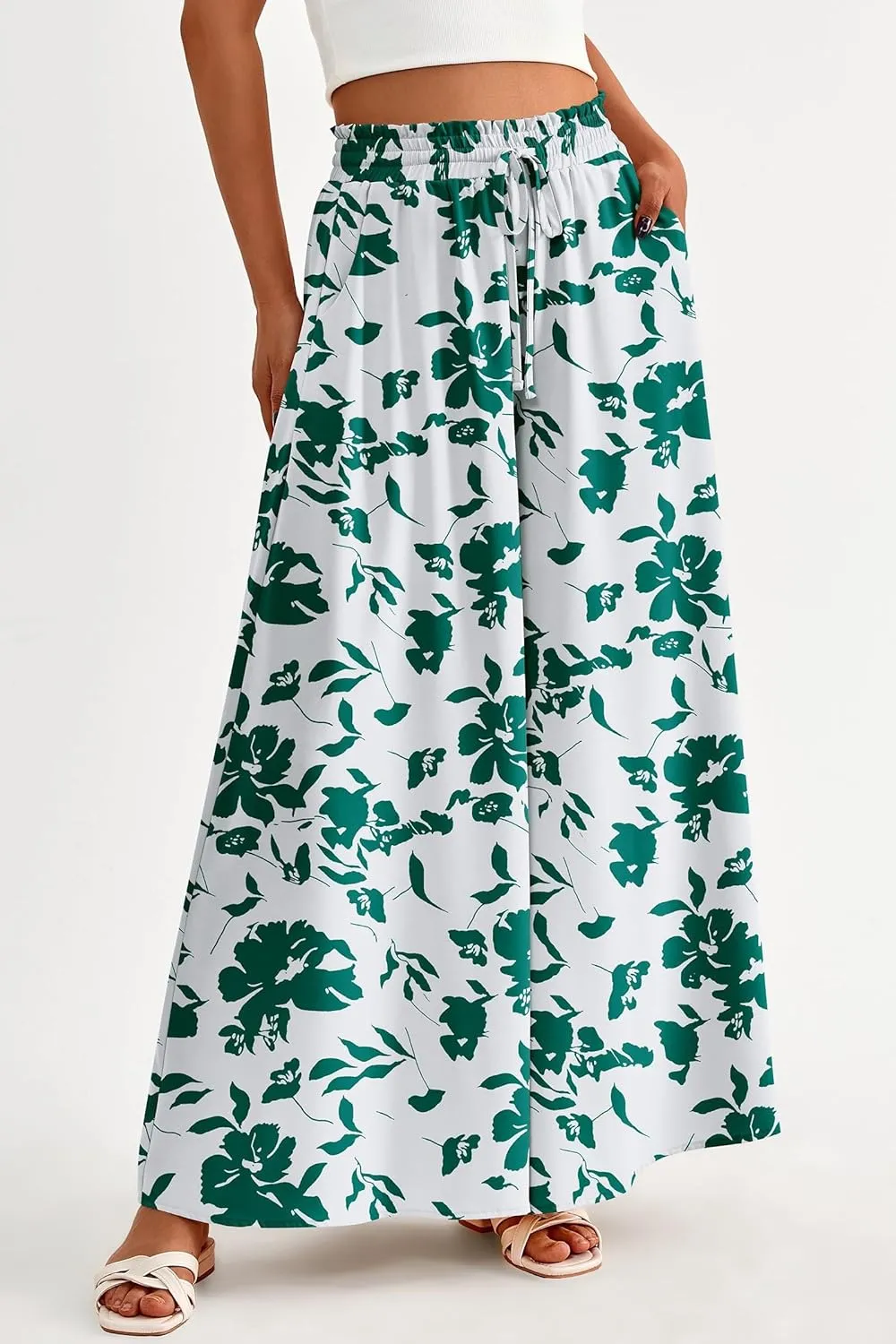 Women's Wide Leg Pants Casual Summer Boho Flowy Palazzo Pants Trendy Comfortable Drawstring Elastic Waist Trousers