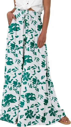 Women's Wide Leg Pants Casual Summer Boho Flowy Palazzo Pants Trendy Comfortable Drawstring Elastic Waist Trousers