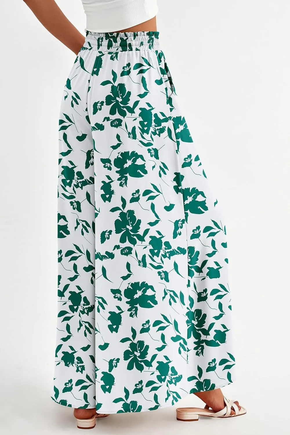 Women's Wide Leg Pants Casual Summer Boho Flowy Palazzo Pants Trendy Comfortable Drawstring Elastic Waist Trousers