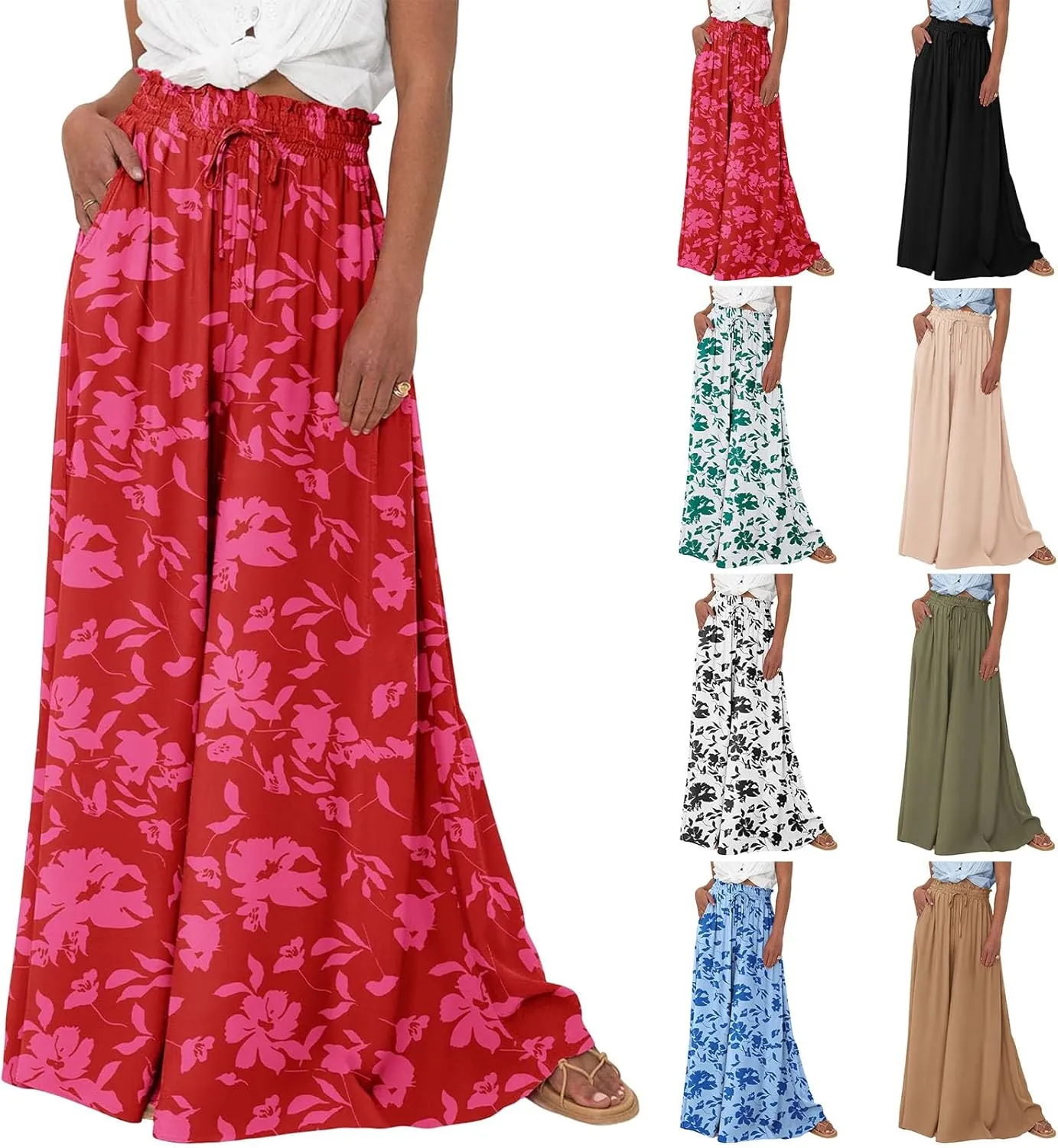 Women's Wide Leg Pants Casual Summer Boho Flowy Palazzo Pants Trendy Comfortable Drawstring Elastic Waist Trousers