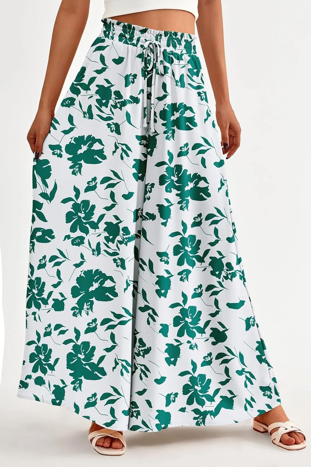 Women's Wide Leg Pants Casual Summer Boho Flowy Palazzo Pants Trendy Comfortable Drawstring Elastic Waist Trousers