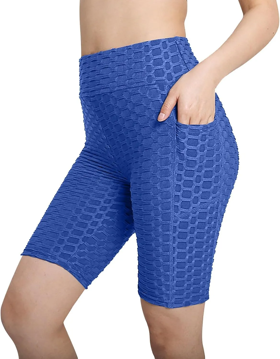 Women's Yoga Leggings Shorts Honeycomb Texture with Pocket Pants Shorts High Waist Stretchy Fitness Sports Shorts