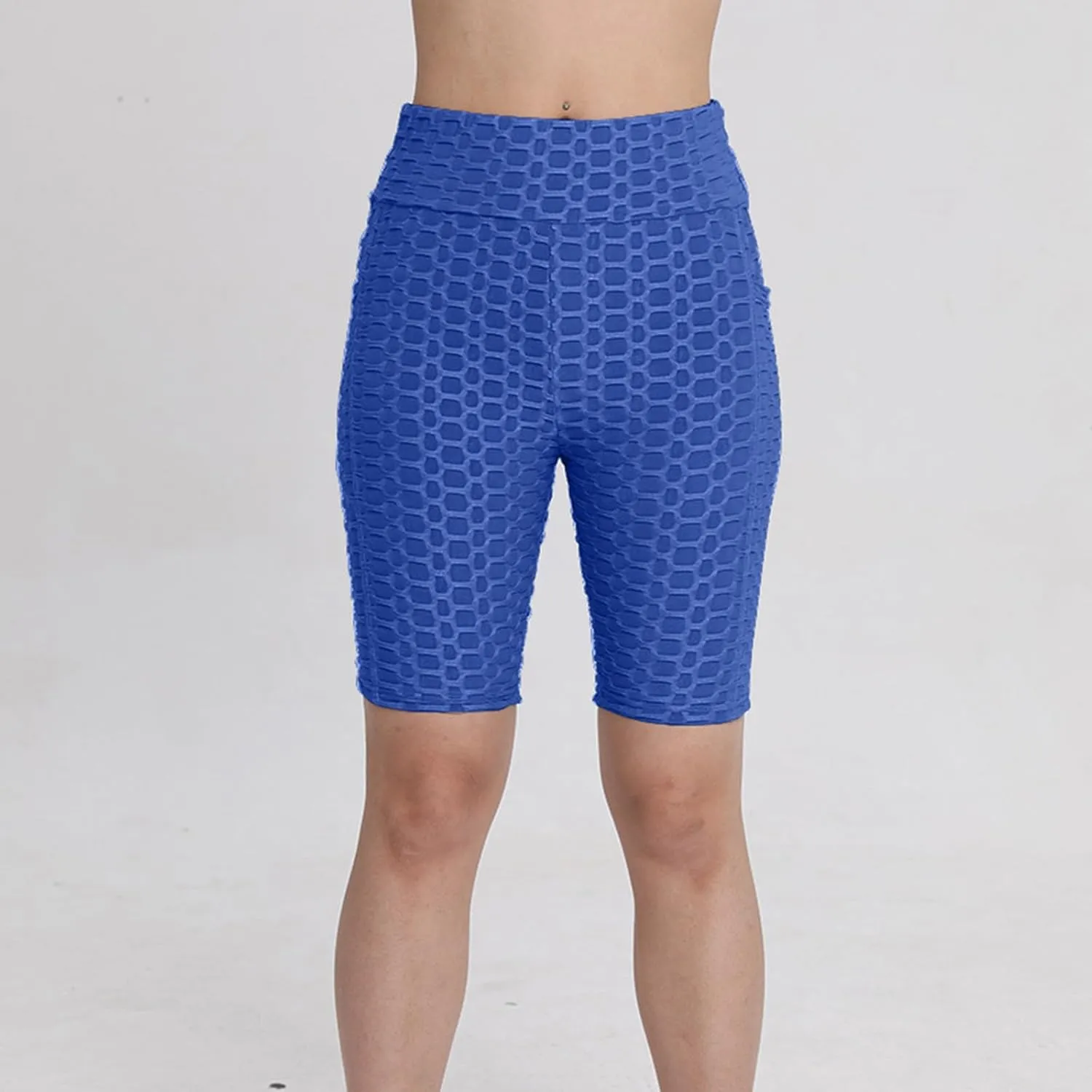 Women's Yoga Leggings Shorts Honeycomb Texture with Pocket Pants Shorts High Waist Stretchy Fitness Sports Shorts