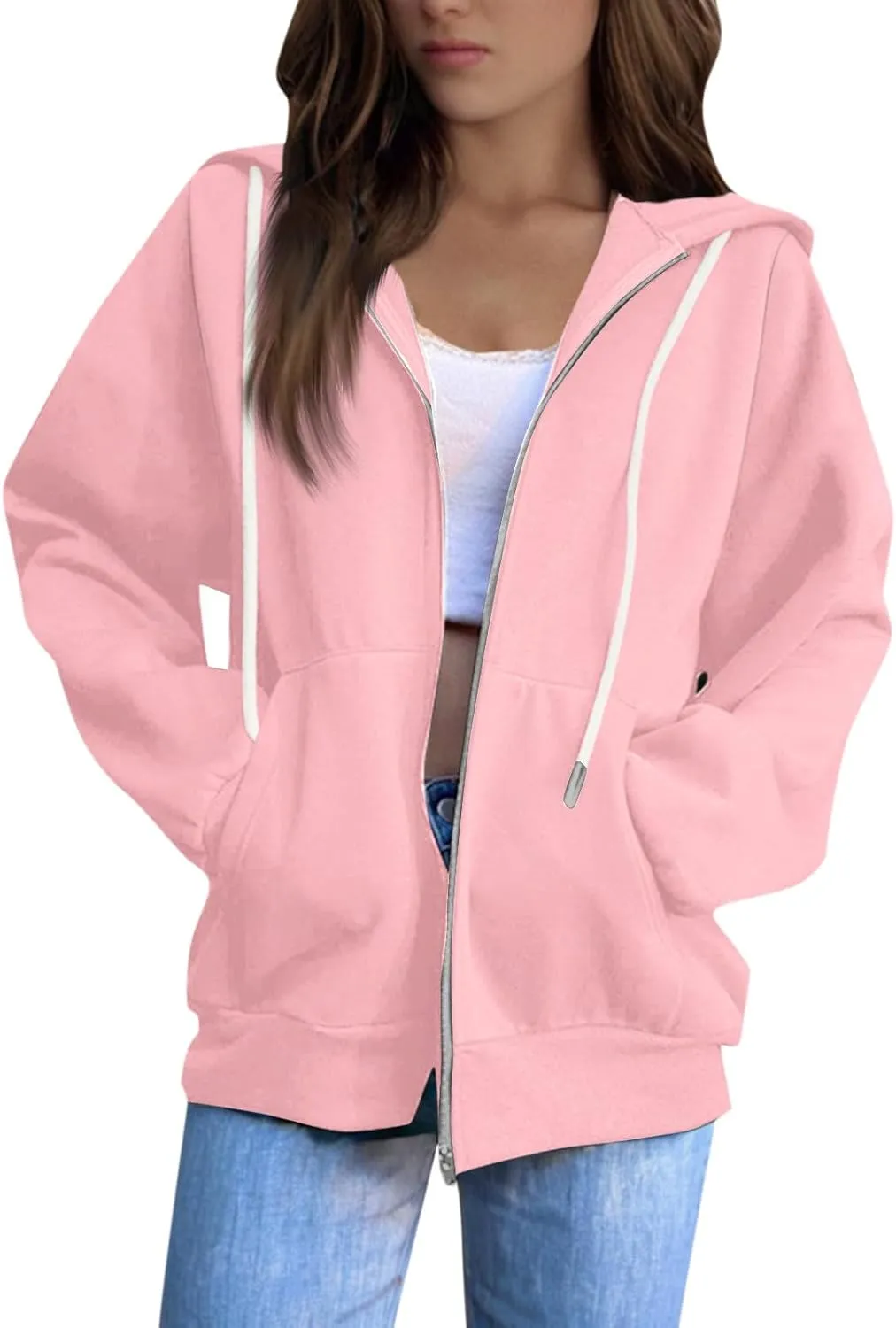 Womens Zip Up Hoodies Casual Long Sleeve Hoodie Jacket Oversized Lightweight Pullover Sweatshirts Tops with Pocket