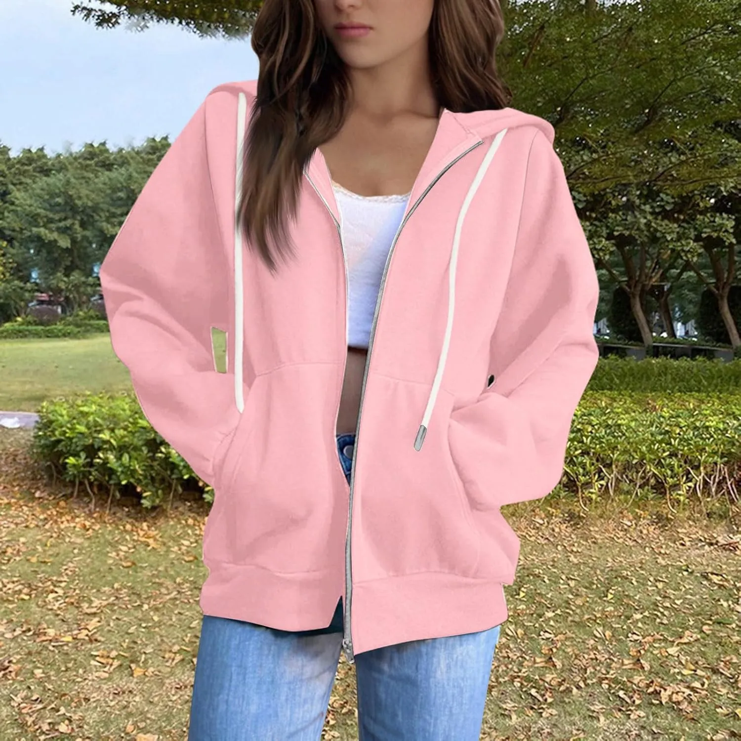 Womens Zip Up Hoodies Casual Long Sleeve Hoodie Jacket Oversized Lightweight Pullover Sweatshirts Tops with Pocket