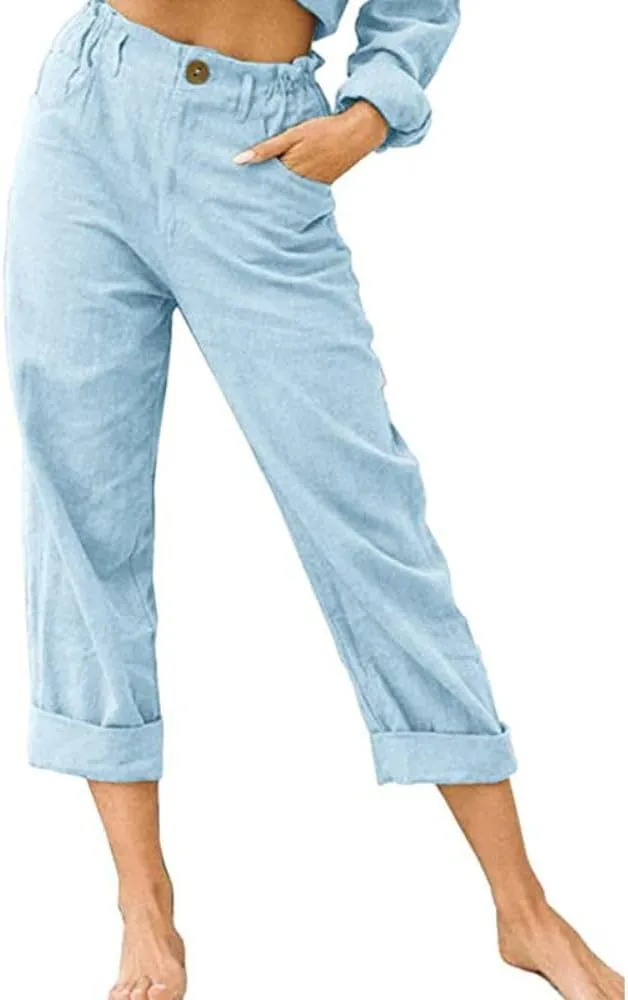 yoeasy Women's Summer Trendy Cotton Linen Capri Pants Elastic Waist Straight Leg Trousers with Pockets